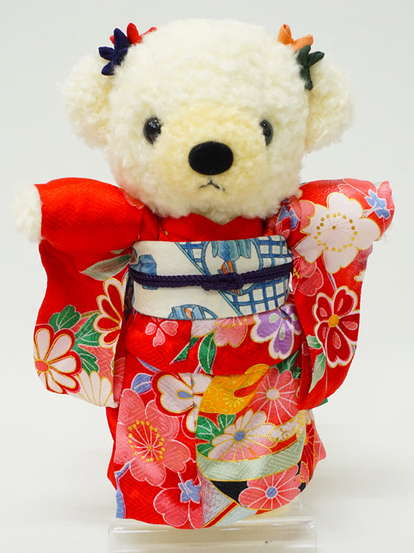 着物を着たクマのぬいぐるみ。 21cm 日本製 着物テディベアぬいぐるみ