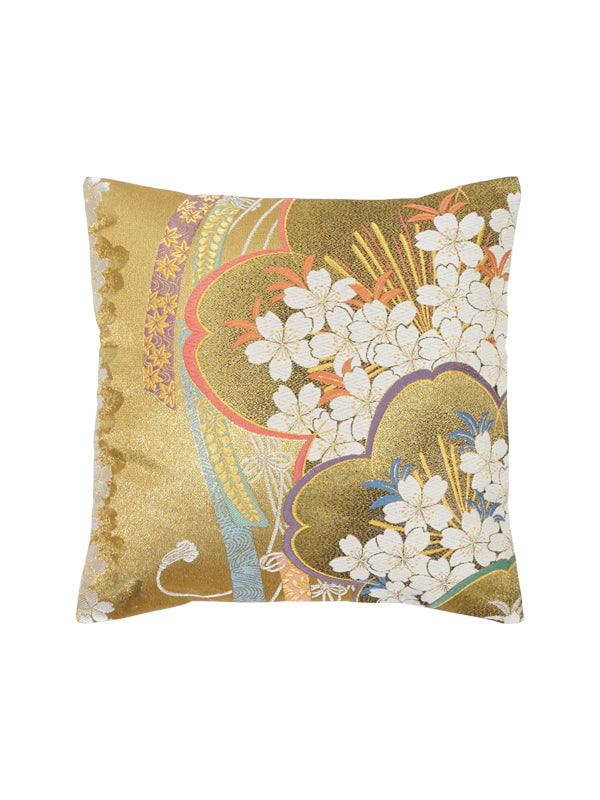 Cushion cover made of high grade OBI. made in Japan. Japanese Pattern Cushion. 11.8×11.8" (30cm) "Cherry Blossoms / Gold / Beige"