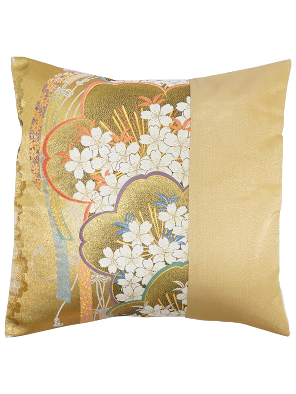 Cushion cover made of high grade OBI. made in Japan. Japanese Pattern Cushion. 17.7×17.7" (45cm) "Cherry Blossoms / Gold / Beige / B"