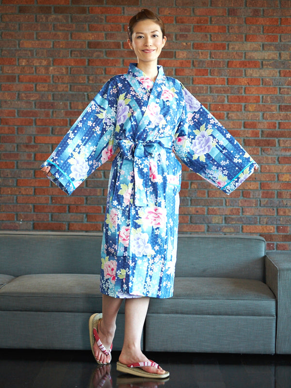 Bathrobe made of Superfine YUKATA fabric. women's robe. made in Japan. Midori Yukata "Blue Peony - 青牡丹"