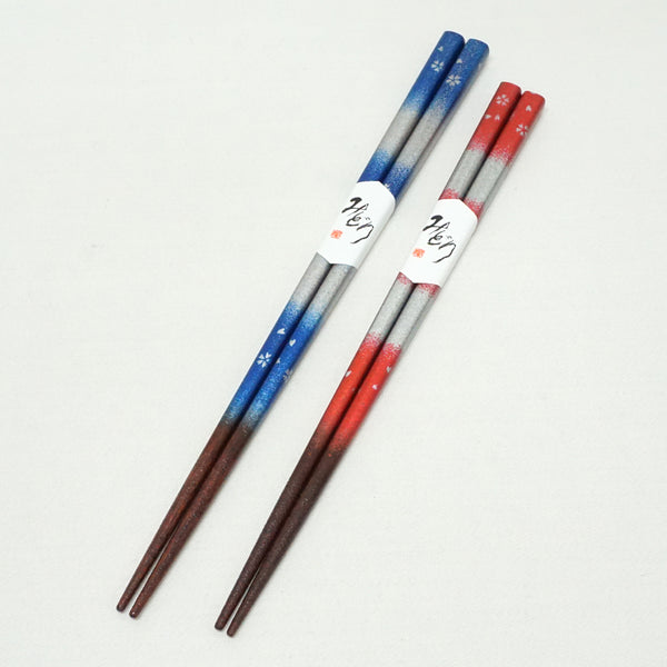 Chopsticks 2set made in Japan. 9.1"(23cm) & 8.3"(21cm) "Cherry Blossoms / Blue & Red"