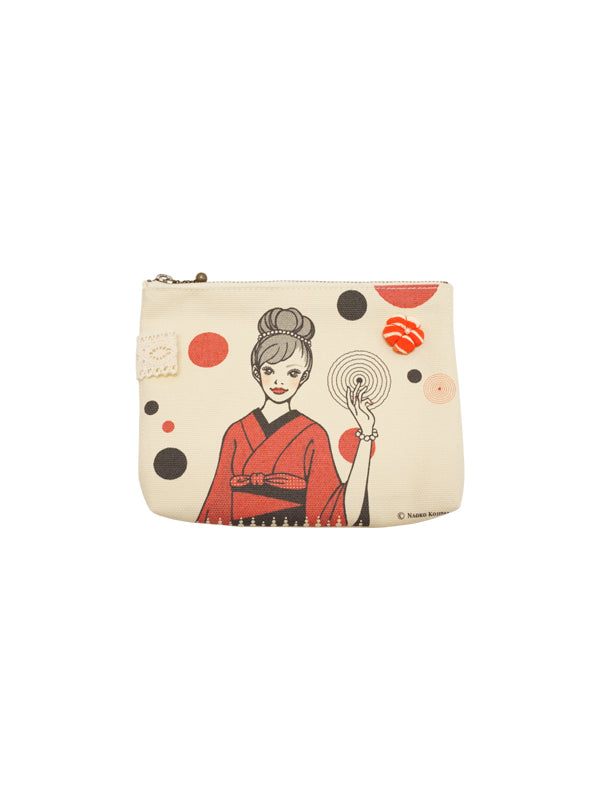Free case. Canvas fabric. made in Japan. Kimono girl multi mini pouch. "Small size / Beige"