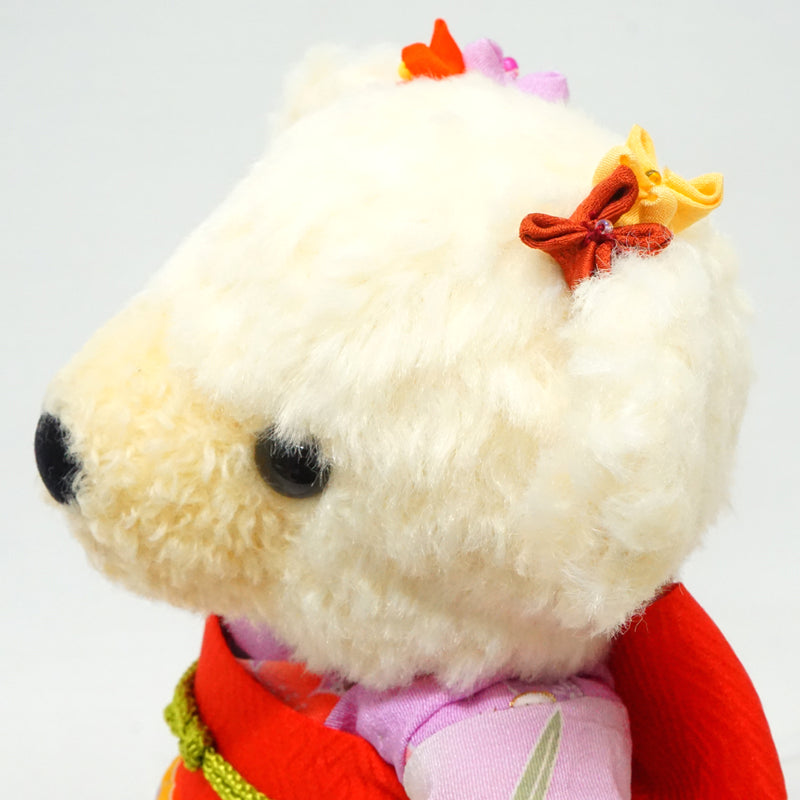 Stuffed Bear Wearing Kimono. 8.2" (21cm) made in Japan. Stuffed Animal Kimono Teddy Bear Doll. "Purple / Red"