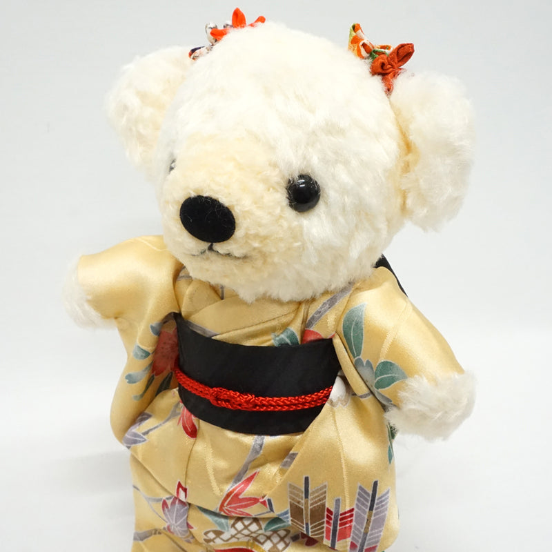 Stuffed Bear Wearing Kimono. 8.2" (21cm) made in Japan. Stuffed Animal Kimono Teddy Bear Doll. "Beige / Black"