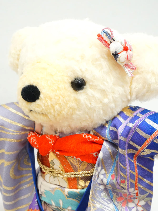 Stuffed Bear Wearing Kimono. 11.4" (29cm) made in Japan. Stuffed Animal Kimono Teddy Bear Doll. "Blue / Mix"