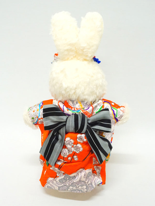 Stuffed Bunny Wearing Kimono. 10.6" (27cm) made in Japan. Stuffed Animal Kimono Teddy Bear Rabbit Doll Toys "Orange / Black / Gray"