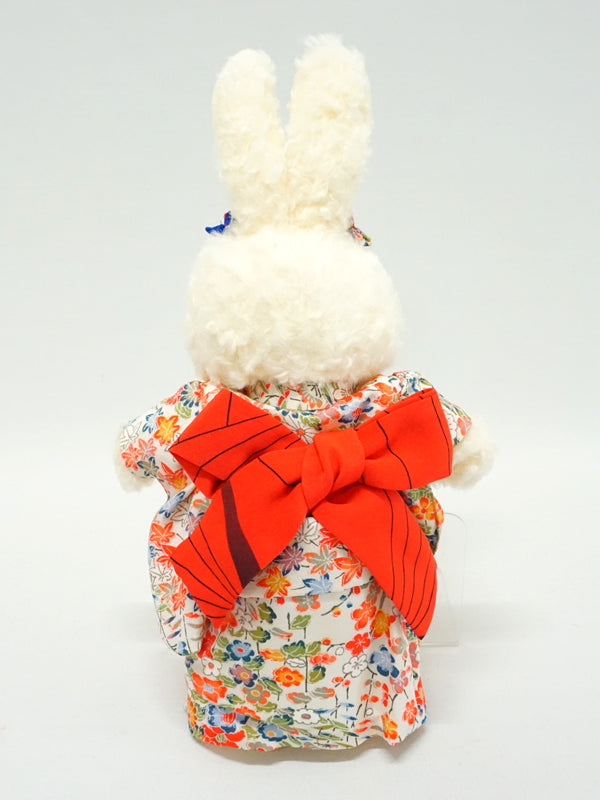 Stuffed Bunny Wearing Kimono. 10.6" (27cm) made in Japan. Stuffed Animal Kimono Teddy Bear Rabbit Doll Toys "Ivory / Orange"
