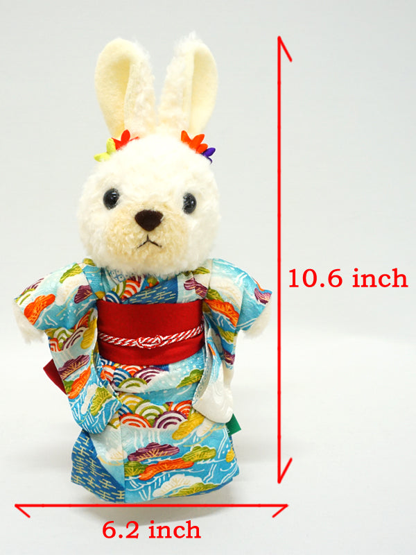 Stuffed Bunny Wearing Kimono. 10.6" (27cm) made in Japan. Stuffed Animal Kimono Teddy Bear Rabbit Doll Toys "Orange / Black / Gray"