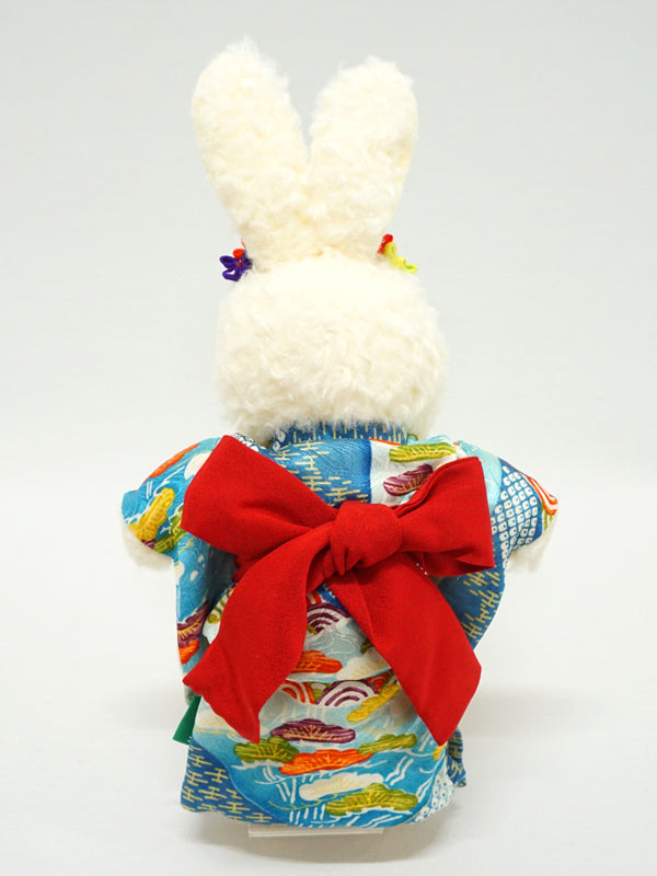 Stuffed Bunny Wearing Kimono. 10.6" (27cm) made in Japan. Stuffed Animal Kimono Teddy Bear Rabbit Doll Toys "Light Blue / Red"