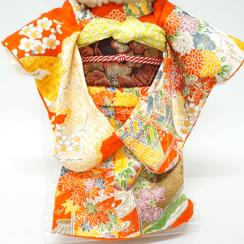 Stuffed Bear Wearing Kimono. 11.4" (29cm) made in Japan. Stuffed Animal Kimono Teddy Bear Doll. "Red / Yellow"