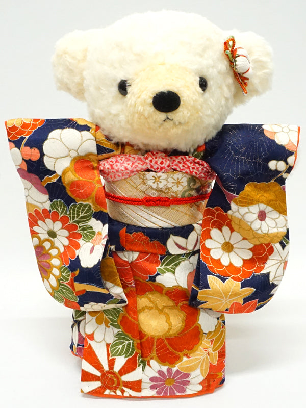 Stuffed Bear Wearing Kimono. 11.4" (29cm) made in Japan. Stuffed Animal Kimono Teddy Bear Doll. "Navy Blue / Mix"