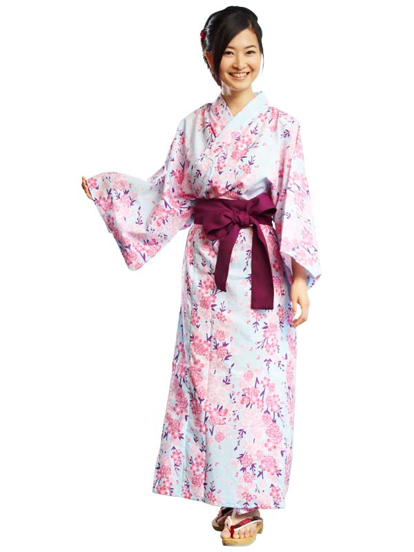 サッシュベルト付きの浴衣です。日本製。ミドリ浴衣「水色桜/水色桜 