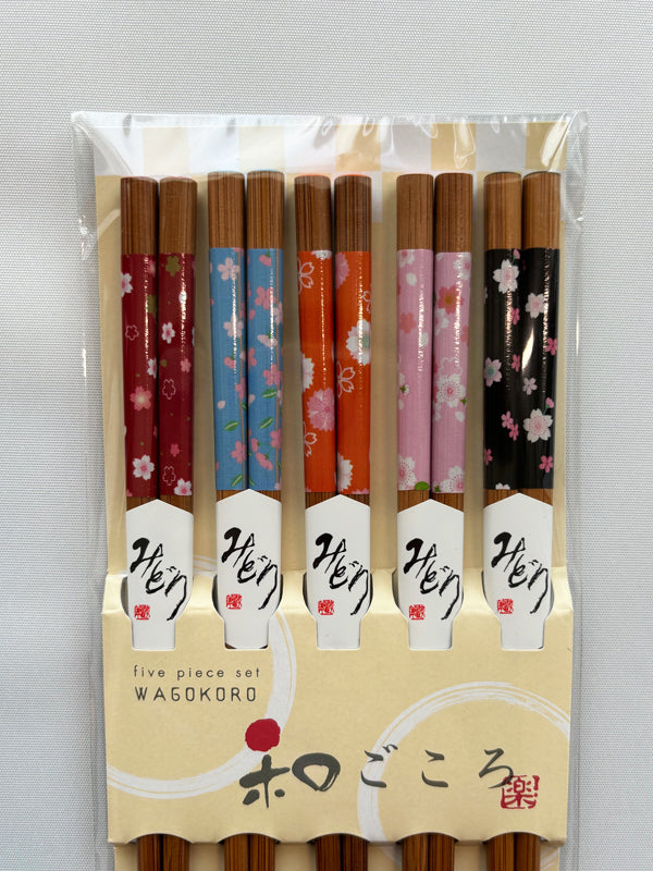 Chopsticks 5set made in Japan. 8.9"(22.5cm) "Cherry Blossoms / Natural"