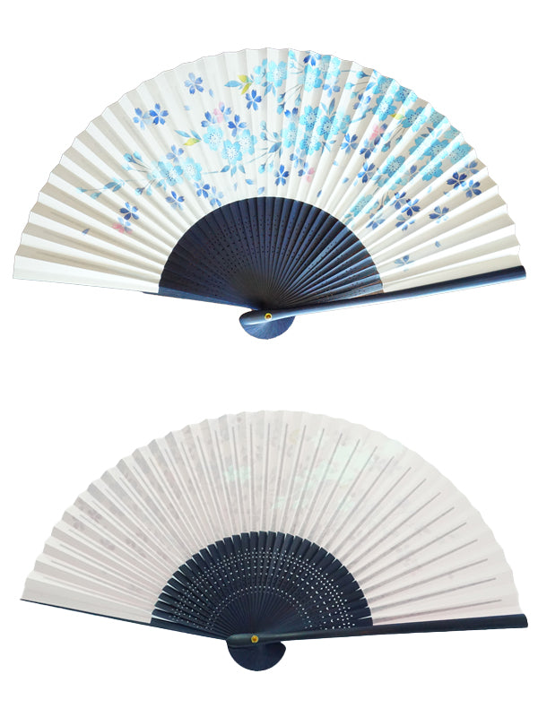 Folding Fan. made in Kyoto, Japan. Japanese Hand Fan. "Blue Cherry Blossom / Light Silver"