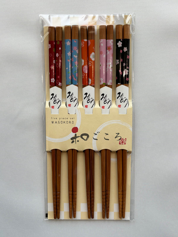 Chopsticks 5set made in Japan. 8.9"(22.5cm) "Cherry Blossoms / Natural"