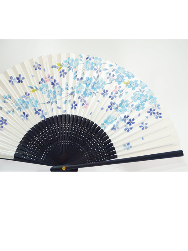 Folding Fan. made in Kyoto, Japan. Japanese Hand Fan. "Blue Cherry Blossom / Light Silver"