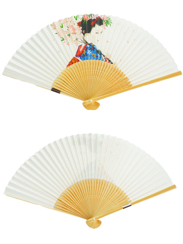 Folding Fan. made in Kyoto, Japan. Japanese Hand Fan.  "Kimono Women / White"