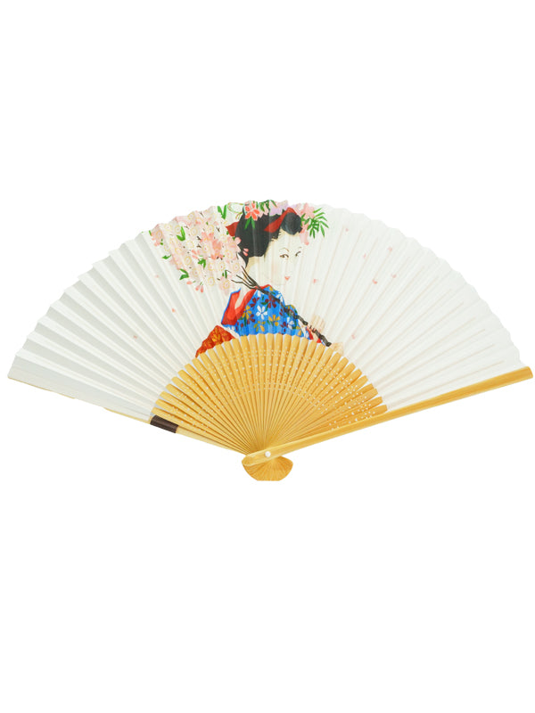 Folding Fan. made in Kyoto, Japan. Japanese Hand Fan.  "Kimono Women / White"