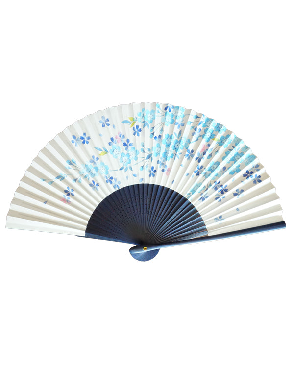 Folding Fan. made in Kyoto, Japan. Japanese Hand Fan. "Blue Cherry Blossom / Light Silver"