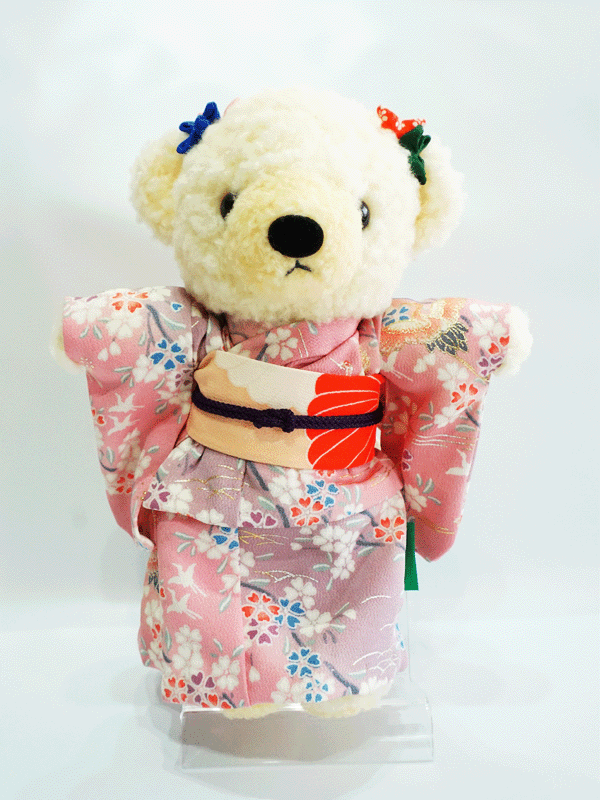 Stuffed Bear Wearing Kimono. 8.2" (21cm) made in Japan. Stuffed Animal Kimono Teddy Bear Doll. "Mix / pink"