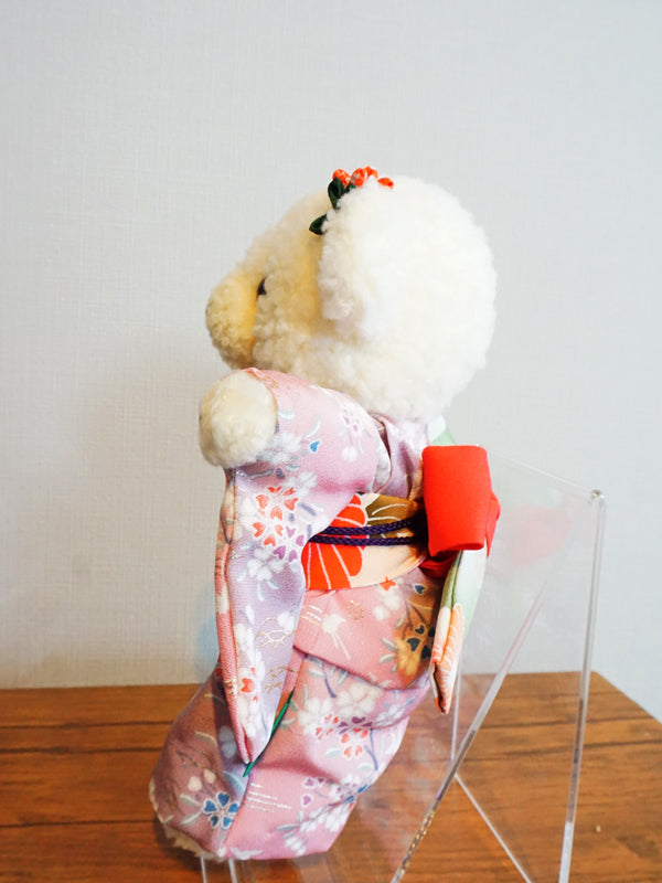 Stuffed Bear Wearing Kimono. 8.2" (21cm) made in Japan. Stuffed Animal Kimono Teddy Bear Doll. "Mix / pink"