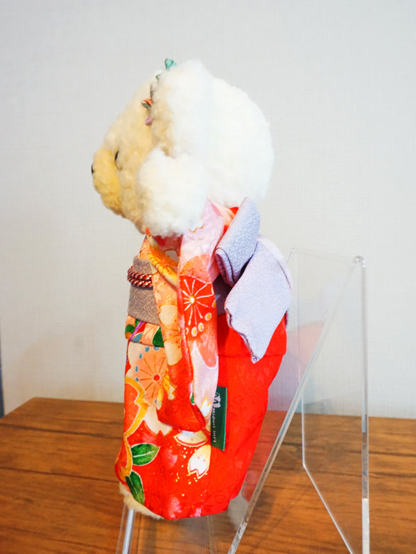 Stuffed Bear Wearing Kimono. 8.2" (21cm) made in Japan. Stuffed Animal Kimono Teddy Bear Doll. "Mix / Red / Orange"