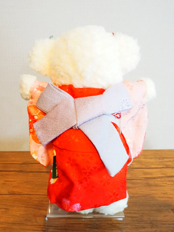 Stuffed Bear Wearing Kimono. 8.2" (21cm) made in Japan. Stuffed Animal Kimono Teddy Bear Doll. "Mix / Red / Orange"