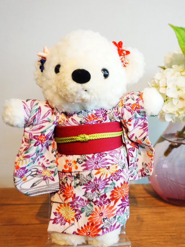 Stuffed Bear Wearing Kimono. 8.2" (21cm) made in Japan. Stuffed Animal Kimono Teddy Bear Doll. "Mix / Purple"