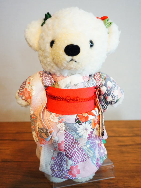 Ausgestopfter Bär im Kimono. 8,2&quot; (21 cm), hergestellt in Japan. Kuscheltier-Kimono-Teddybär-Puppe. „Mix / Pink“