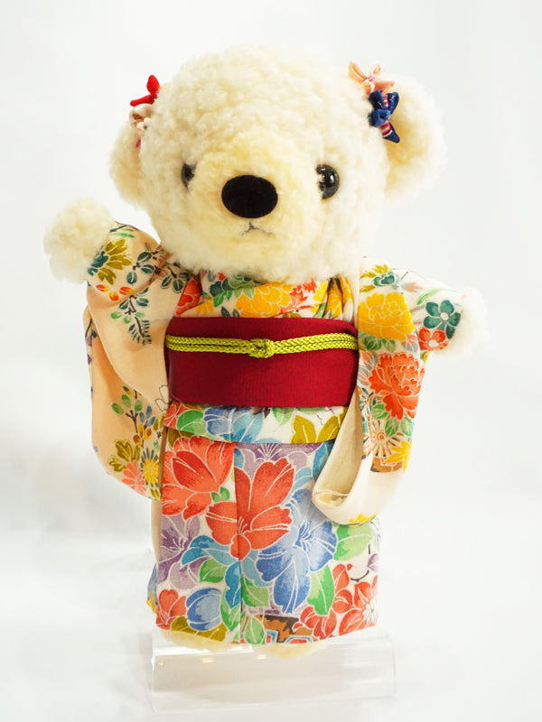 Stuffed Bear Wearing Kimono. 8.2" (21cm) made in Japan. Stuffed Animal Kimono Teddy Bear Doll. "Mix / Beige"