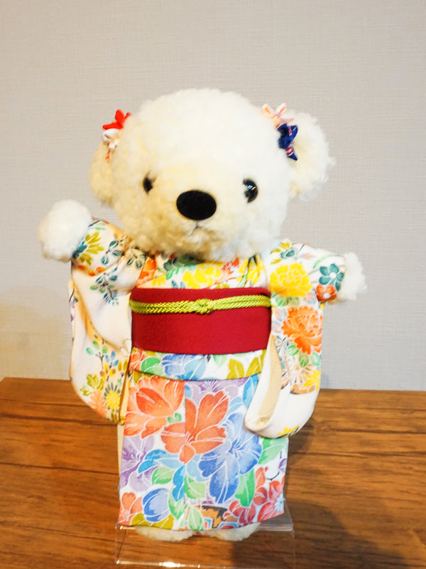 Stuffed Bear Wearing Kimono. 8.2" (21cm) made in Japan. Stuffed Animal Kimono Teddy Bear Doll. "Mix / Beige"