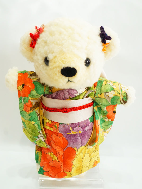 Stuffed Bear Wearing Kimono. 8.2" (21cm) made in Japan. Stuffed Animal Kimono Teddy Bear Doll. "Mix / Orange / Yellow"