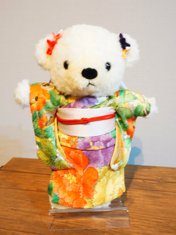 Stuffed Bear Wearing Kimono. 8.2" (21cm) made in Japan. Stuffed Animal Kimono Teddy Bear Doll. "Mix / Orange / Yellow"