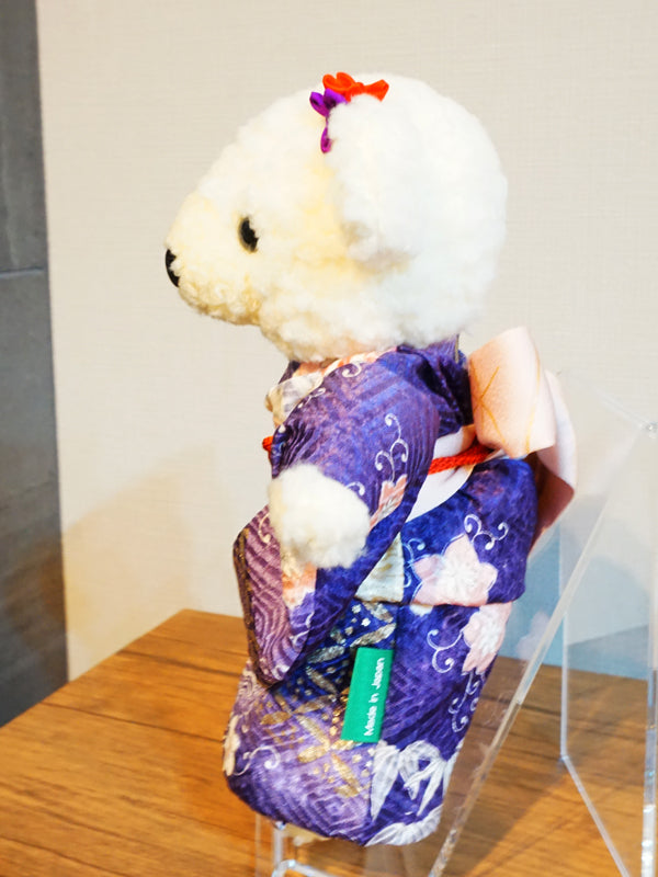 着物を着たクマのぬいぐるみ。 21cm 日本製 着物テディベアぬいぐるみ 「ミックス/パープル」