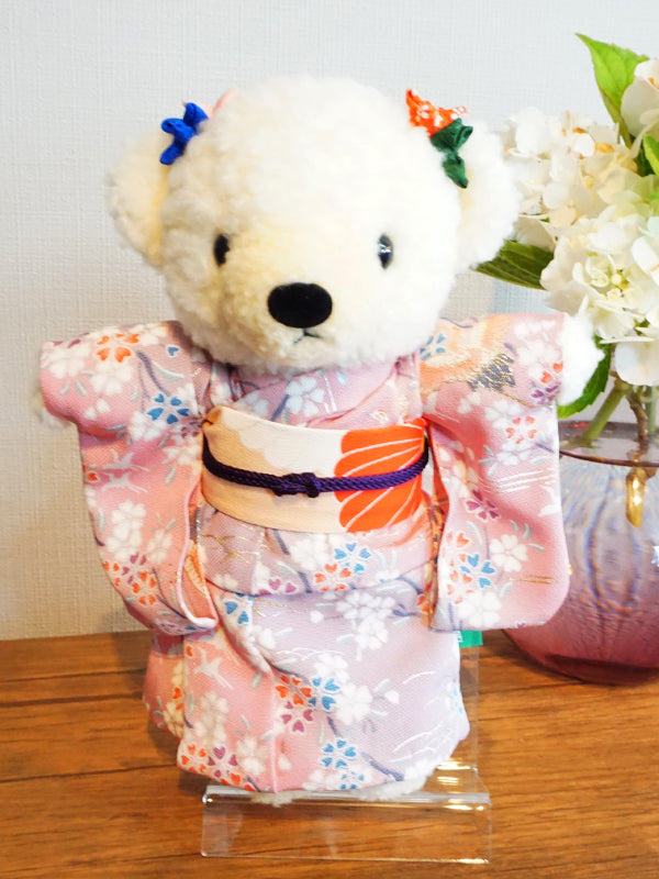 Ours en peluche portant un kimono. 8,2&quot; (21 cm) fabriqué au Japon. Poupée ours en peluche kimono en peluche. &quot;Mix / rose&quot;&quot;