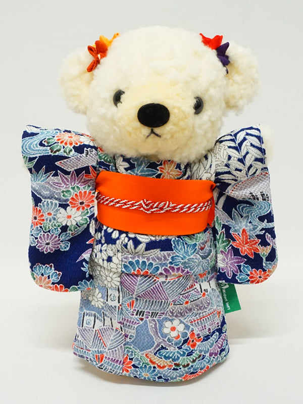 Stuffed Bear Wearing Kimono. 8.2" (21cm) made in Japan. Stuffed Animal Kimono Teddy Bear Doll. "Navy / Orange"