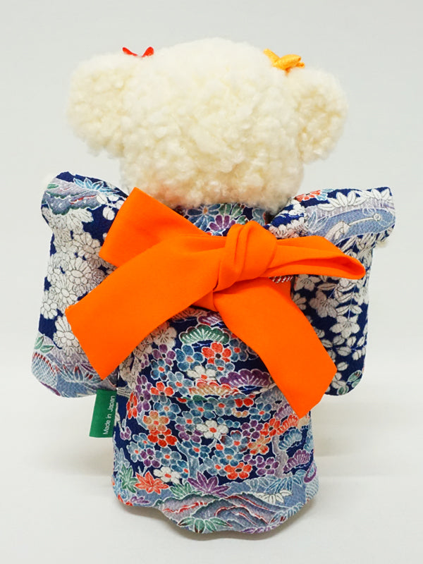 Ausgestopfter Bär im Kimono. 8,2&quot; (21 cm), hergestellt in Japan. Kuscheltier-Kimono-Teddybär-Puppe. „Marineblau/Orange“
