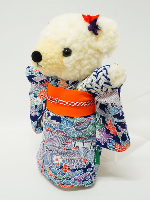 Stuffed Bear Wearing Kimono. 8.2" (21cm) made in Japan. Stuffed Animal Kimono Teddy Bear Doll. "Navy / Orange"