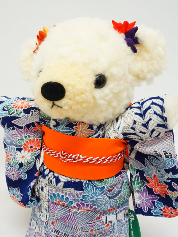 着物を着たクマのぬいぐるみ。 21cm 日本製 着物テディベアぬいぐるみ 「ネイビー/オレンジ」