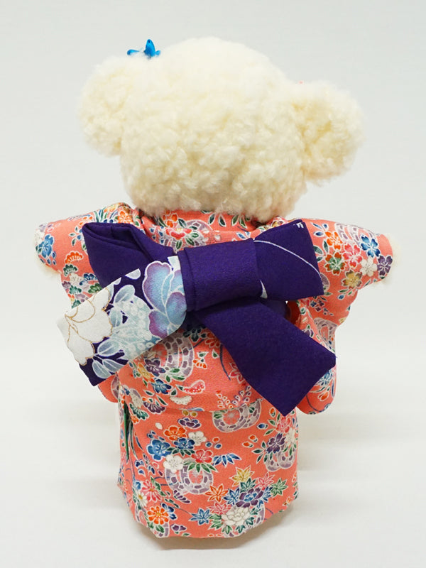 Ours en peluche portant un kimono. 21 cm (8.2") fabriqué au Japon. Poupée ourson en peluche portant un kimono. "Beige / Noir"