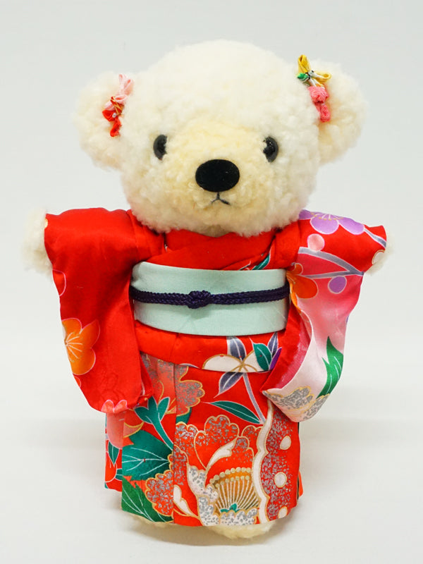 Ausgestopfter Bär im Kimono. 8,2&quot; (21 cm), hergestellt in Japan. Kuscheltier-Kimono-Teddybär-Puppe. „Rot / Blau“