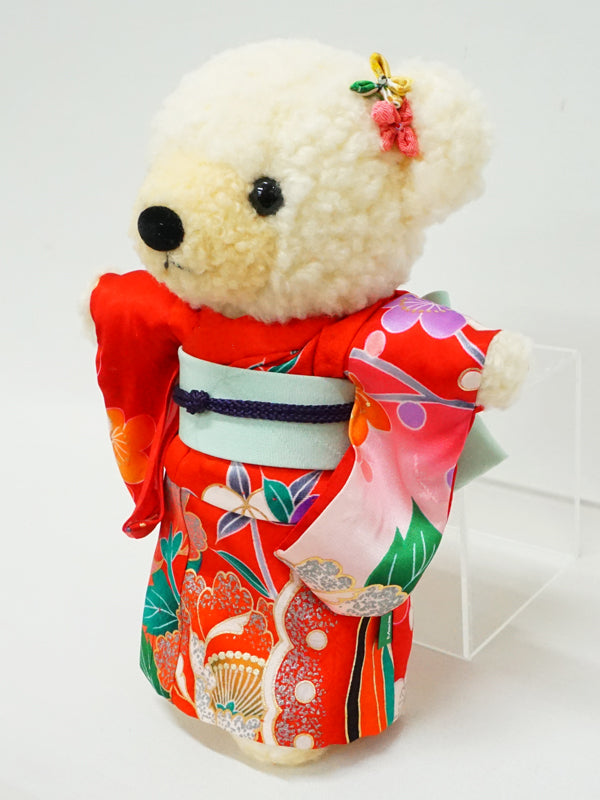 穿着和服的毛绒熊。 8.2 英寸（21 厘米）日本制造。毛绒动物和服泰迪熊娃娃。“红/蓝”