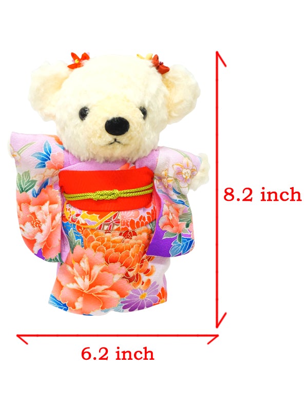 着物を着たクマのぬいぐるみ。 21cm 日本製 着物テディベアのぬいぐるみ 「ピンク/パープル」