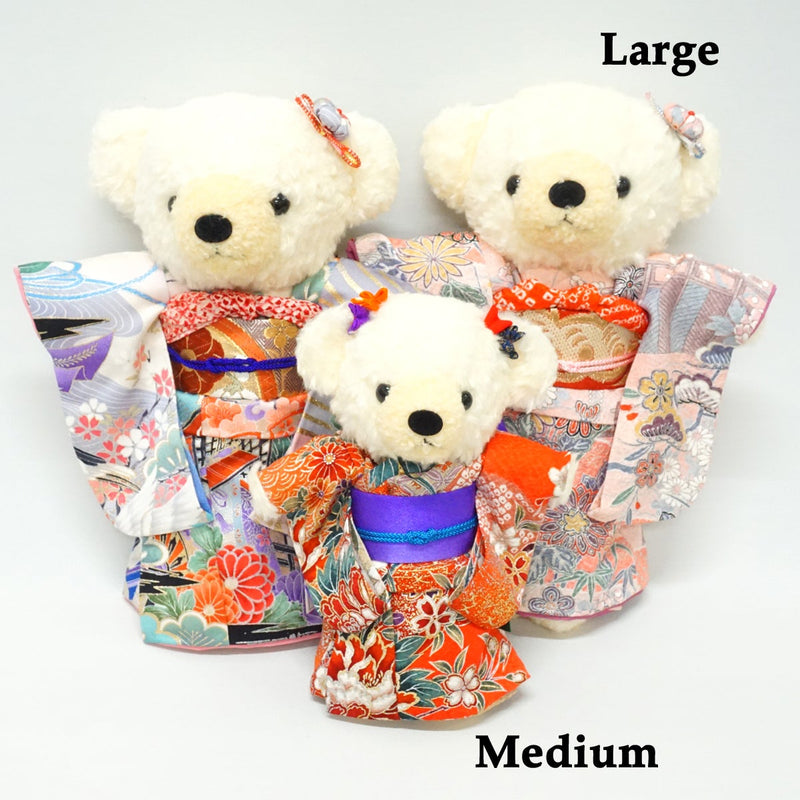 穿着和服的填充熊。8.2" (21cm) 日本制造。填充动物和服泰迪熊公仔。"米色/黑色"