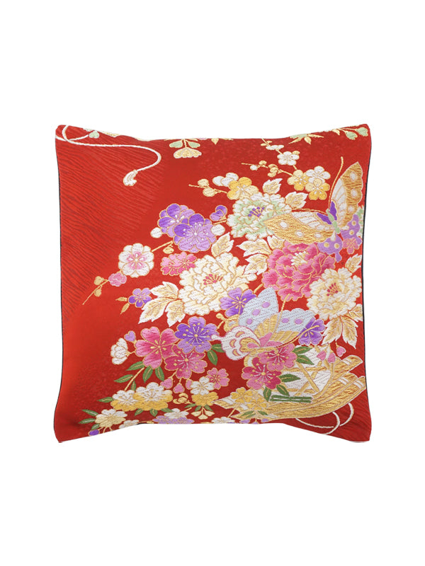 Housse de coussin en OBI de haute qualité. Fabriqué au Japon. Coussin à motif japonais. 11.8×11.8" (30cm) "Radeau de la fleur / Rouge"