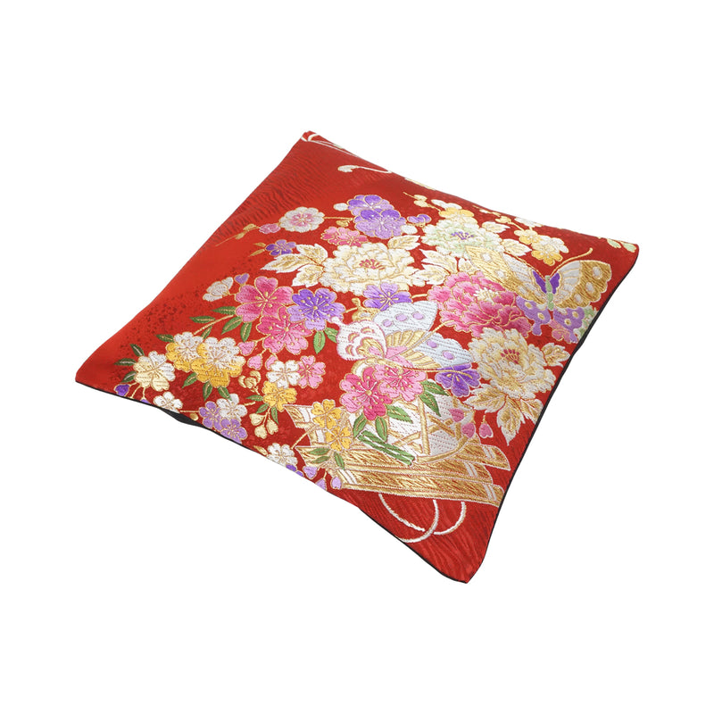 Funda de cojín hecha de OBI de alta calidad. Hecho en Japón. Cojín con patrón japonés. 11.8×11.8" (30cm) "Balsa de Flores / Rojo"