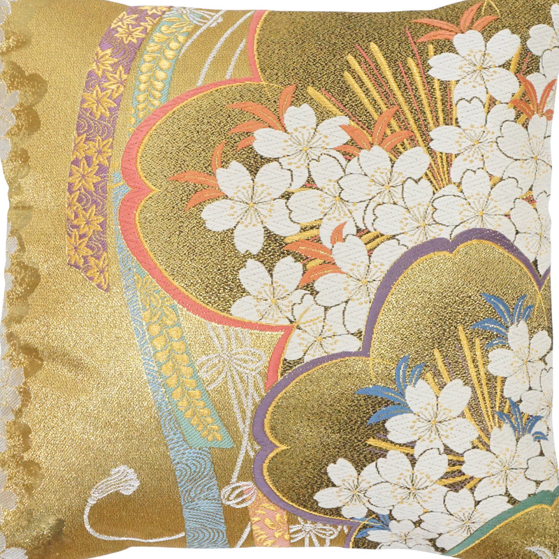 坐垫套由高级OBI制成。日本制造。日本图案靠垫。11.8×11.8" (30cm) "樱花/金色/米色"