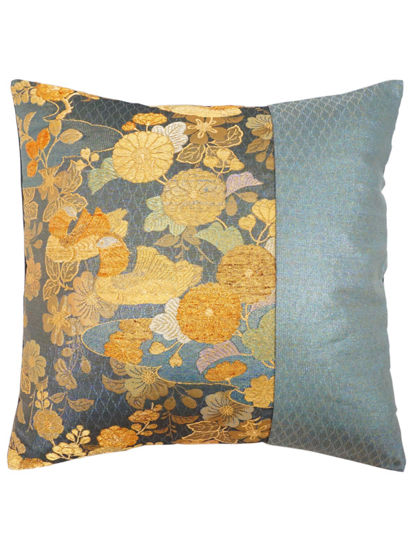 Cushion cover made of high grade OBI. made in Japan. Japanese Pattern Cushion. 17.7×17.7" (45cm) "Bird & Seasonal flowers"