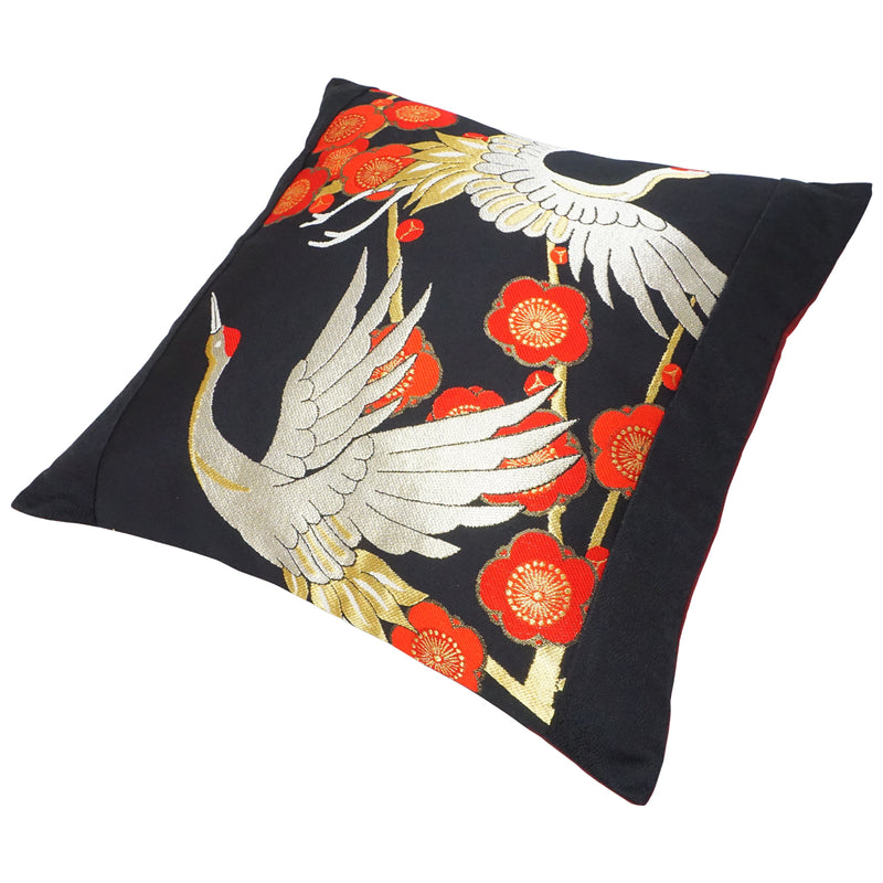Copricuscino in OBI di alta qualità, prodotto in Giappone. Cuscino con motivo giapponese. 17,7×17,7" (45 cm) "Uccello gru e albicocca giapponese".