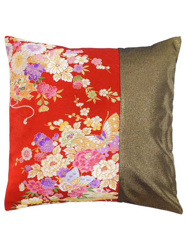 Cushion cover made of high grade OBI. made in Japan. Japanese Pattern Cushion. 17.7×17.7" (45cm) "Flower Raft / Red / Gold / A"